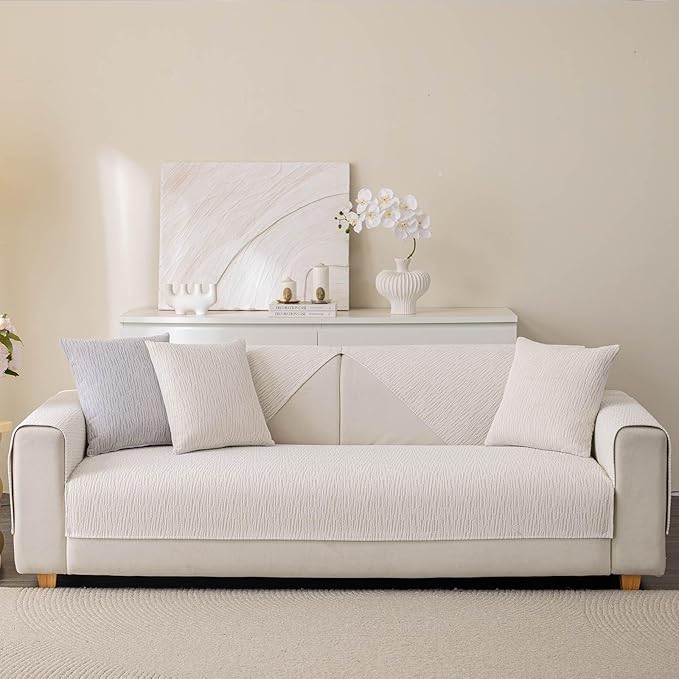 Soft Waterproof Chenille Cover Washable, Non Slip Sectional Sofa Covers for 3 Cushion Couch Sofa L Sharped Sofa Slipcover for Pets, Furniture Protector (1 PCS 36"x70" White)