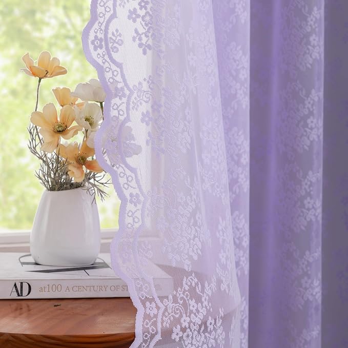 YJ YANJUN Vintage Lace Curtains 54 Inch Length-Victorian Floral Pattern Lavender Sheer Curtain Panels for Living Room Bedroom,Light Filtering, Romantic Girly Drapes 2 Panels 52W x 54L Light Purple