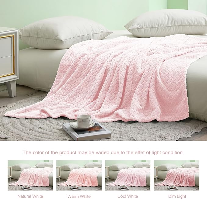 Exclusivo Mezcla Fleece King Size Blanket for Bed, 90x104 Inches Soft Cozy Jacquard Flannel Blankets, Lightweight Fuzzy Plush Warm for Women, Light Pink
