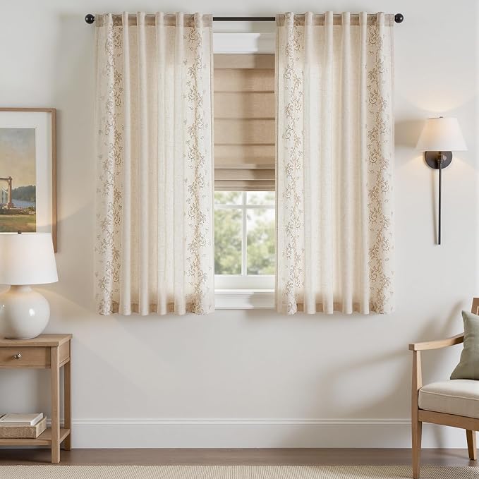 jinchan Evelyn Embroidered Linen Curtains 63 inch Floral Curtains for Living Room Bedroom Farmhouse Cottagecore Semi Sheer Light Filtering Window Drapes Rod Pocket Back Tab 2 Panels W50 x L63 Beige