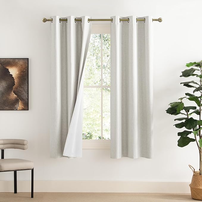 NICETOWN 100% Blackout Linen Texture Curtains 70 inches Long, Ivory, 2 Pcs, Thermal Insulated Full Blackout 2-Layer Lined Drapes, Energy Efficiency Window Draperies for Boy's Room