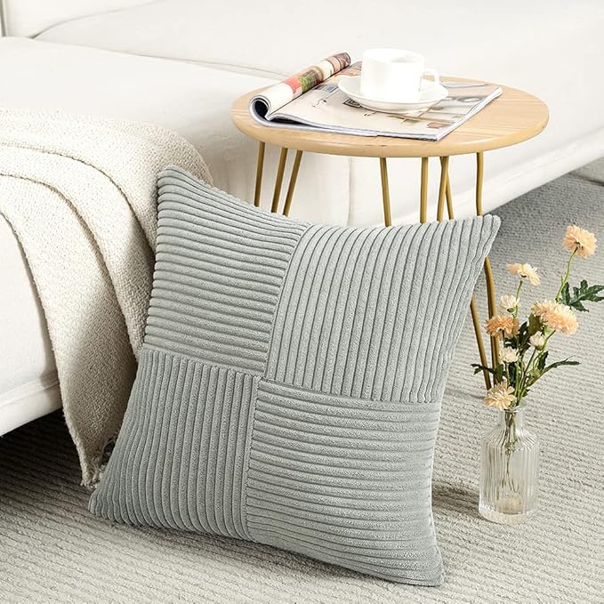 Fancy Homi 2 Packs Grey Decorative Throw Pillow Covers 22x22 Inch for Living Room Couch Bed Sofa, Rustic Farmhouse Boho Home Decor, Soft Corss Corduroy Patchwork Accent Square Cushion Case 55x55 cm