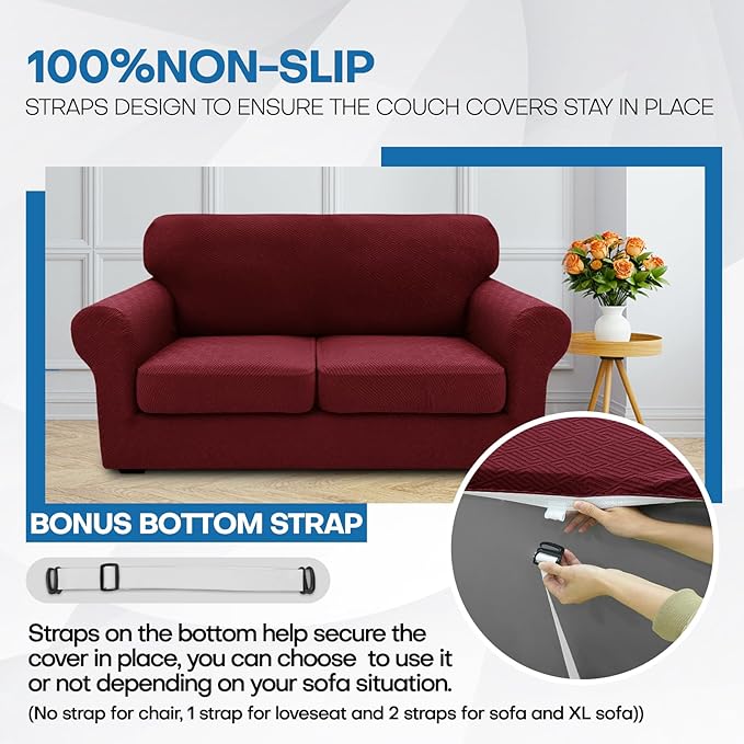 XINEAGE 2026 New 4 Pieces Couch Covers for 3 Cushion Couch Super Stretch Thick Soft Sofa Cover Anti Slip Sofa Slipcover Dogs Cats Furniture Protector (Wine Red, 71"-91")