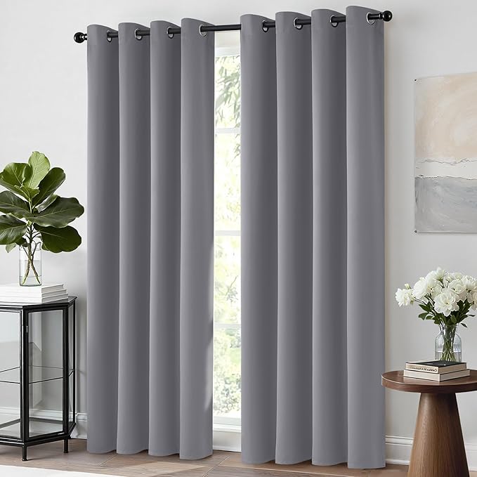 Yakamok Room Darkening Gray Blackout Curtains 84 Inch Long Light Blocking Thermal Insulated Window Treatment Grommet Drapes for Bedroom Living Room, 52W x 84L, Grey Curtains, 2 Panels