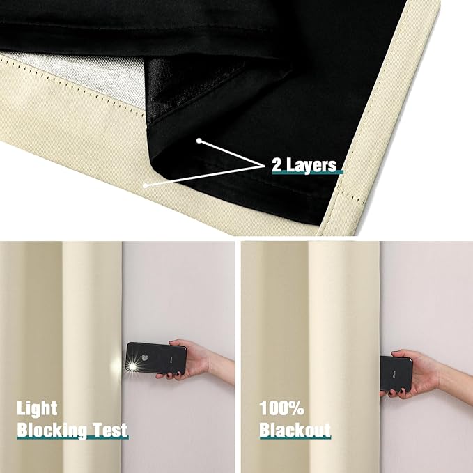 ChrisDowa 100% Blackout Curtains 72 inch Long for Bedroom with Black Liner, 2 Thick Layers Total Blackout Thermal Insulated Grommet Window Curtains 2 Panels Set (Light Beige, 52 x 72 Inch)