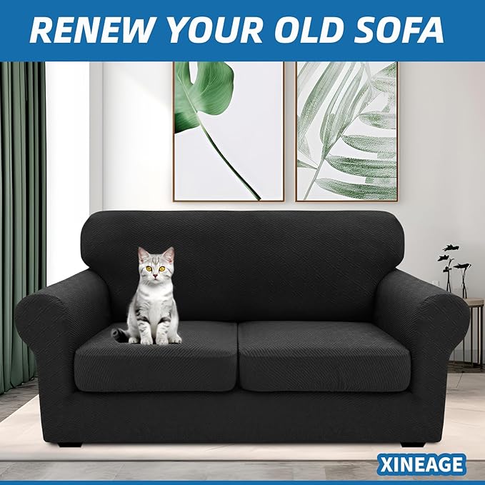 XINEAGE 2026 New 3 Pieces Couch Covers for 2 Cushion Sofa Super Stretch Loveseat Slipcover Pet Dog Universal Slip Cover Anti Slip Love Seat Furniture Protector (Black, 55"-69")