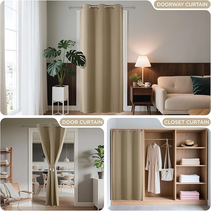 Joydeco Blackout Door Curtain for Doorway Privacy 96 Inches Long, Grommet Closet Curtain for Open Closet, Room Divider for Bedroom Living Room (Light Beige, 52Wx96L, 1 Panel)
