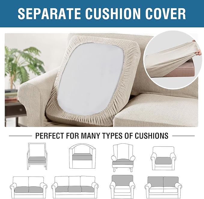 H.VERSAILTEX 4 Piece Stretch Sofa Covers for 3 Cushion Couch Covers for Living Room Furniture Slipcovers (Base Cover Plus 3 Seat Cushion Covers) Thicker Jacquard Fabric (Large Sofa, Island Fossi)