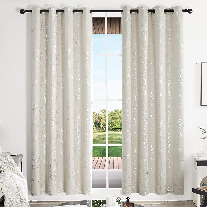 Deconovo Beige Blackout Curtains, Boho Farmhouse Curtain, Thermal Insulated Soundproof Drapes, Silver Branch Print, 52 x 84 Inch Long, Machine Washable Window Panels for Living Room Bedroom, Set of 2