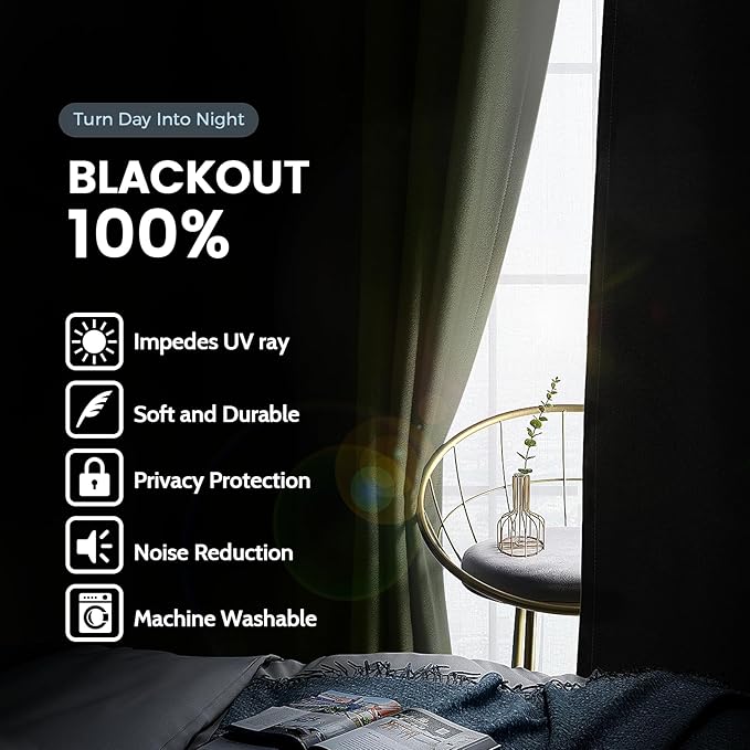 SimpleHome 100% Blackout Curtains for Bedroom,Thermal Insulated Light Sage Grommet Window Drapes Room Darkening Curtains for Living Room with Black Back,52 x 84 Inch,2 Panels