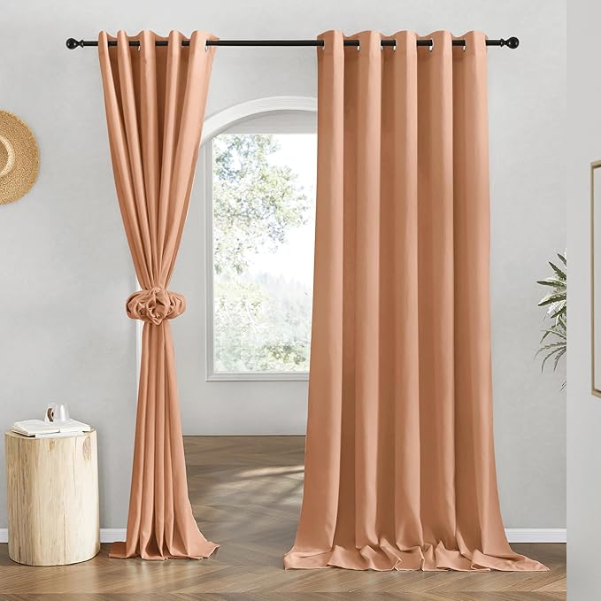 NICETOWN Flax Burnt Orange Linen Curtains for Room Divider, Grommet Top Thick Flax Semi Sheer Vertical Drapes Privacy Assured with Light Filtering for Sliding Glass Door, W68 x L96, 2 Pieces