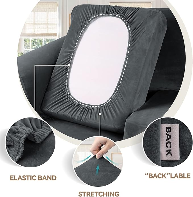 WEERRW Velvet Stretch Chair Sofa Slipcover - 2 Pieces Luxury Soft Velvet Plush Couch Cover Furniture Protector with Elastic Bottom for Pets, Machine Washable, Dark Gray, Small