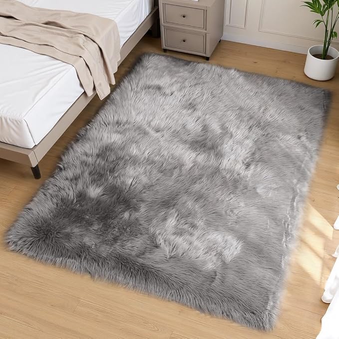 Goolela 5x8 Area Rug Faux Fur Rug Fluffy Washable Grey Sheepskin Large Rug for Living Room Bedroom Shag Soft Home Decor Rectangle