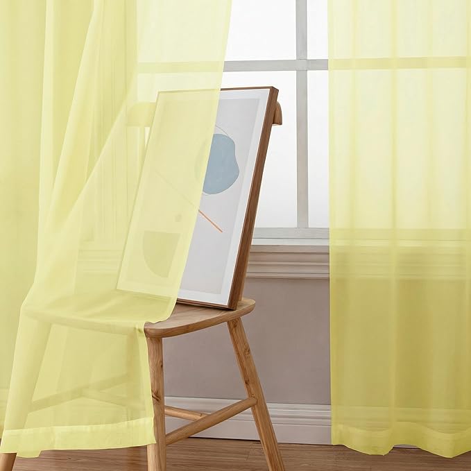 OWENIE Sheer Curtains 72 Inches Long 2 Panels Set, Modern Light Filtering Sheer Curtain Rod Pocket Clear Drapes for Window Sliding Door, Light Yellow, 2 Pcs Each 42 x 72 Inch