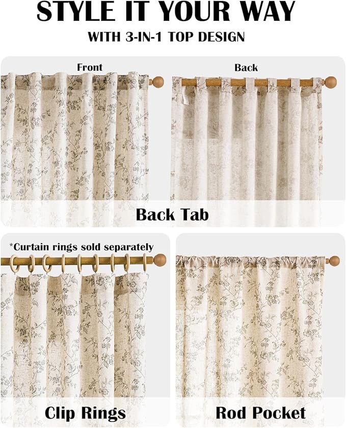 Lazzzy Grey Floral Linen Curtains 90 Inch Farmhouse Back Tab Drapes for Living Room Bedroom Light Filtering Vintage Grandmillennial Rod Pocket Curtains, 2 Panels, W38 x L90, Grey on Beige