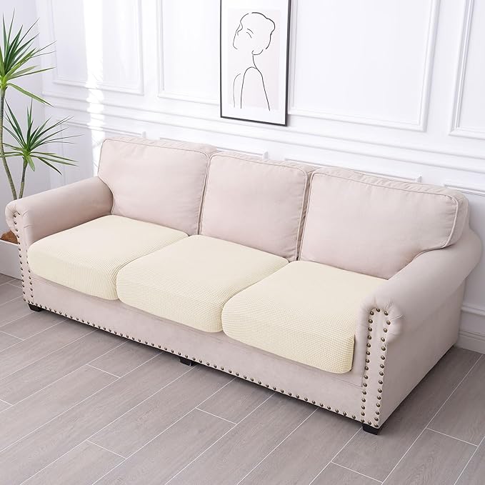 hyha Waterproof Couch Cushion Covers for Pets, Non Slip Sofa Seat Cover for Dogs Washable, Soft Thick Stretch Jacquard Fabric, Sofa Slipcovers with Elastic Bottom (3 Pieces, Light Beige)