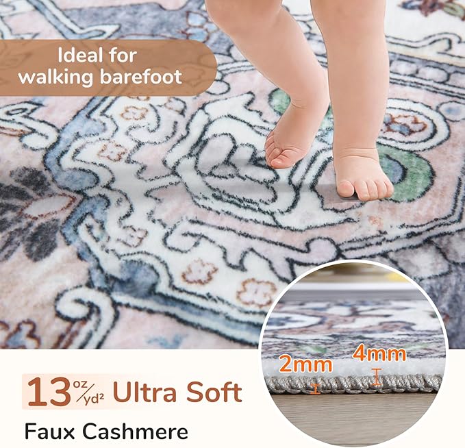 OPPODREAM Soft Round Rug 5ft, Washable Circle Rug 5ft with Non Slip Backing Play Room, Low-Pile Carpet 5 ft, Faux Cashmere Throw Carpet, Purple & Green & Cream