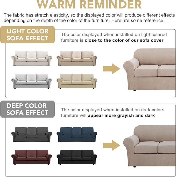 4 Piece Stretch Sofa Covers for 3 Cushion Couch Covers Furniture Slipcovers (1 Base Cover Plus 3 Seat Cushion Covers) Thicker Jacquard Fabric Cover (XL Sofa, Khaki Sand)
