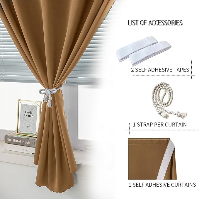 Self Adhesive Curtains, Stick Curtain Blackout Shades Window Cover Curtains for Living Room No Drilling, 59" W X 71" L, Brown, 1 Panel