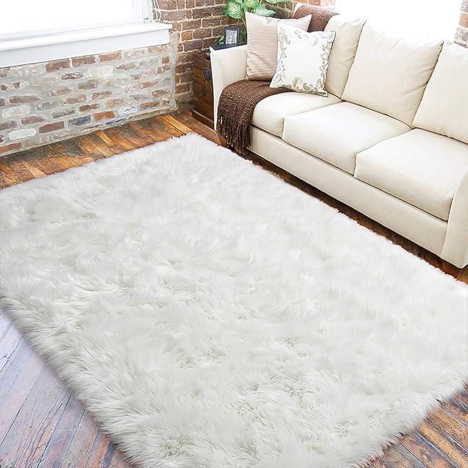 LOCHAS Soft Fluffy Faux Fur Rugs for Bedroom Bedside Rug 4x6 Feet, Washable, Furry Sheepskin Area Rug for Living Room Girls Room, Luxury Shag Carpet Home Decor, White