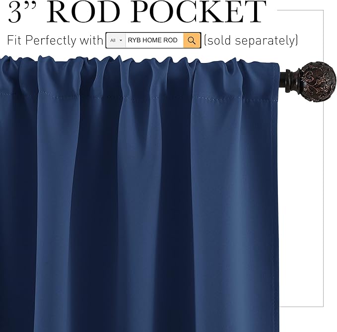 RYB HOME Blackout French Door Window Curtain Covering, Rod Pocket Thermal Insulated Privacy Non See Through Drapes for Bathroom Window, Width 29 by Length 45, Navy Blue, 2 Panels
