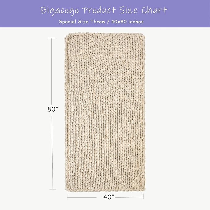 Bigacogo Chunky Knit Throw Blanket for Couch, 40x80 inches, 100% Hand Knitted with Thick Jumbo Chenille Yarn, Cozy Soft Large Rope Knot Cable Crochet Blankets for Sofa Bed Living Room, Beige