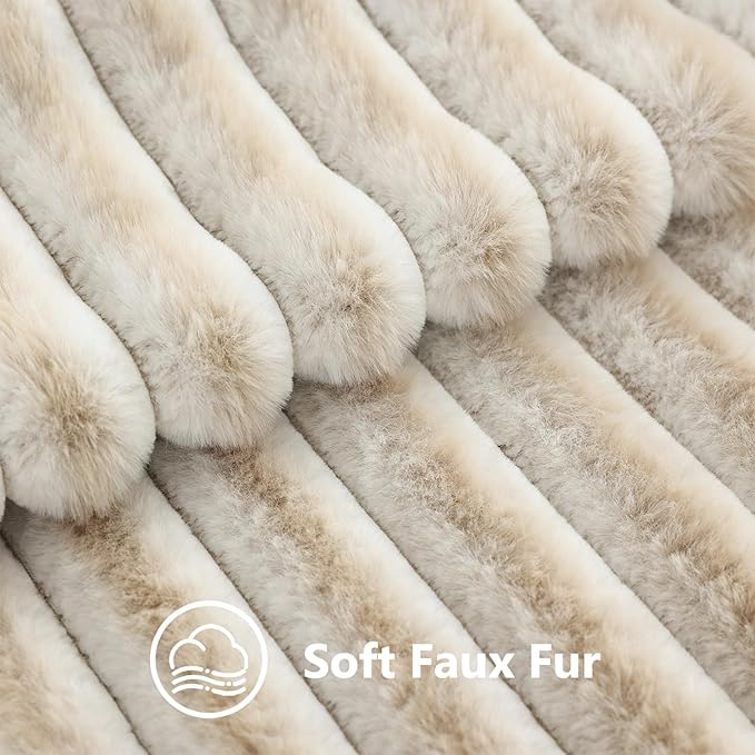 decorUhome Summer Cozy Faux Fur Throw Pillow Covers 18x18 Set of 2 Decorative Soft Plush Striped Modern Farmhouse Boho Couch Pillow Cases with Velvet Back for Sofa Bed Living Room, Beige White