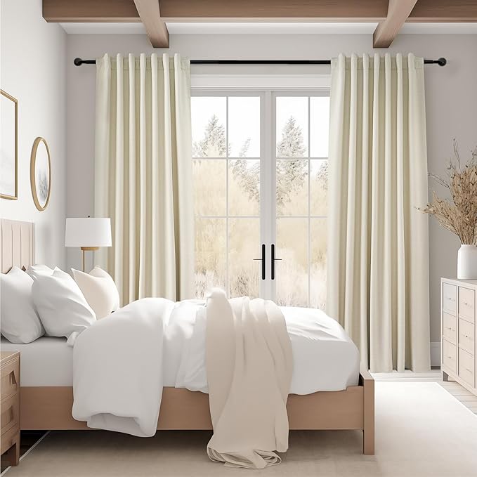 Topfinel 105 Inches Long Custom Black Out Thick Linen Drapery Panels, Cream White Pinch Pleated Heat Reflective Cottage Curtains with Pin Hooks, Luxury Lined Back Tab Drapes 2 Panels for Slider Door