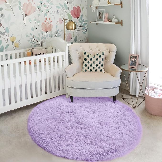 Amdrebio Light Purple Circle Round Rugs 4Ft for Girls Bedroom, Fluffy Fuzzy Area Rugs for Kids Room Decor Aesthetic, Soft Cute Furry Plush Shaggy Lavender Carpet for Living Room, Baby Nursery, Dorm