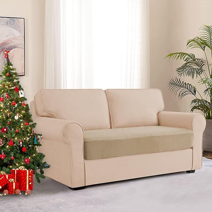 Water Repellent Sofa Cushion Covers, Stretch Sofa Seat Covers, Furniture Protector for Pets with Elastic Bottom, Non Slip, Washable (Loveseat Cushion, Sand)
