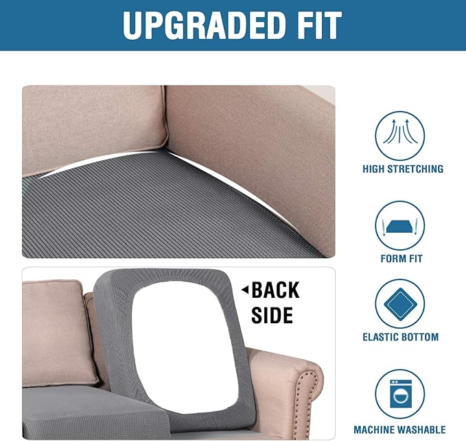 H.VERSAILTEX High Stretch Individual Seat Cushion Covers 3 Pack Thick Jacquard Textured Twill Fabric Sofa Slipcovers for 3 Couch Cushion Washable Couch Cover for Living Room Outdoor Patio,Grey