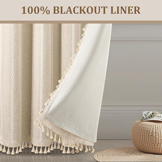 Boho Blackout Curtains 2 Panels 84 Inch for Living Room Bedroom, Beige Linen Texture Farmhouse Curtains with Tassels and Cotton Embroidery Vintage Rustic Western Rod Pocket