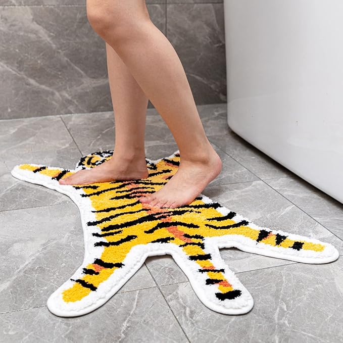 Tiger Print Rug, Animal Printed Small Area Rugs Faux Cowhide Skin Leather Nonslip Personalized Bath Rug Cartoon Carpet Bedroom Office Livingroom Floor Mat 32.2inx21.4in Yellow