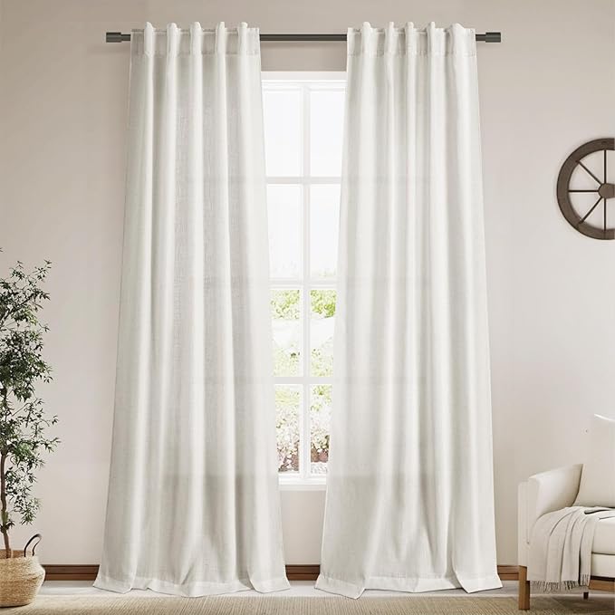 Cream Semi Sheer Curtains 96 Inches Long Back Tab Pocket Ivory Linen Living Room Curtain 2 Panel Sets Light Filtering Luxury Drapes Boho Farmhouse Room Curtains for Bedroom Aesthetic 8Ft 40x96
