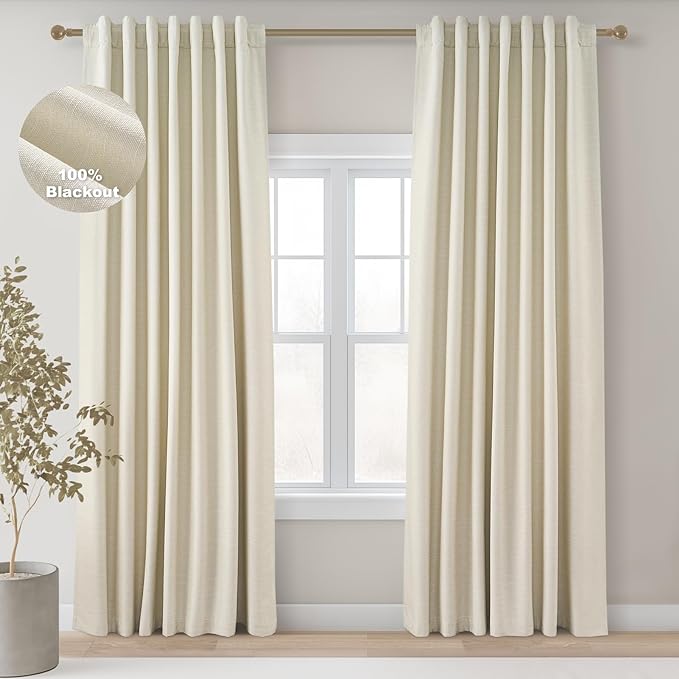 Topfinel Extra Long Total Blackout Linen Ceiling Curtains 108 Inches Long for Large Window Track System, Cream Pleated Cold Blocking Acoustic Heavy Ivory Track Tall Curtains 2 Panels 9 FT Beige