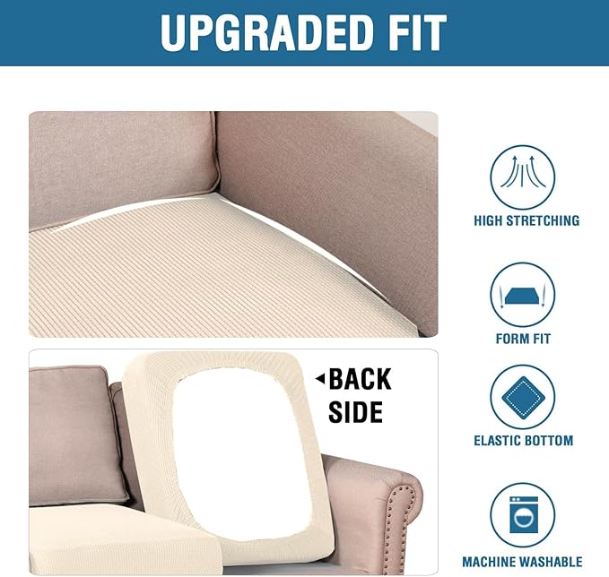 H.VERSAILTEX Super Stretch Individual Seat Cushion Covers Sofa Covers Couch Cushion Covers Slipcover Sets Thick Jacquard Textured Twill Fabric (1 Piece Chair Cushion Cover, Cream)