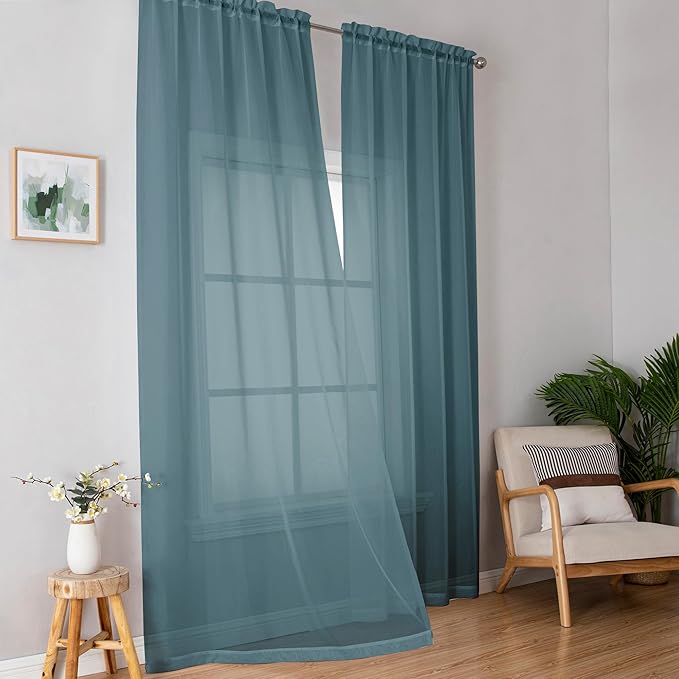 OWENIE Dusty Blue Sheer Curtains 90 Inches Long 2 Panels Set for Living Room Bedroom, Light Filtering Rod Pocket Clear Sheer Curtain 2Pcs, Each 42" W x 90" L, Total 84 Inch Width