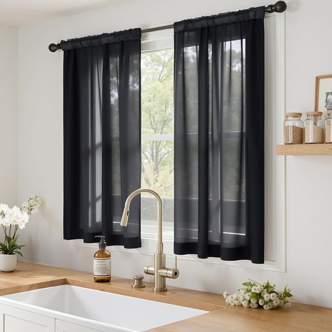 MIULEE Short Sheer Curtains 54 Inches Long, 4 Panels Set, Light Filtering Rod Pocket Curtains for Kitchen/Bathroom Small Windows, 42W x 54 Inches, Black
