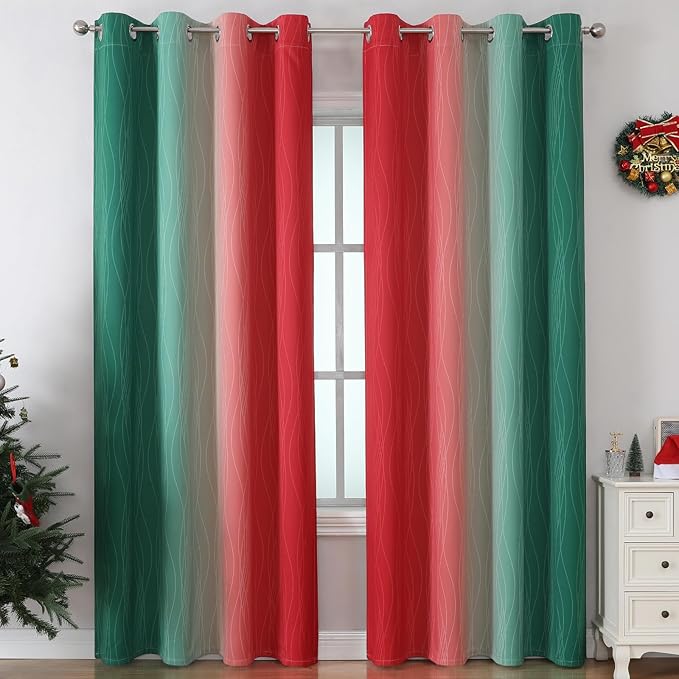 Estelar Textiler Red and Green Christmas Blackout Curtains for Bedroom, Thermal Insulated Ombre Drapes 84 Inches Long, Full Room Darkening Energy Saving Curtains for Living Room,52Wx84L,2 Panels