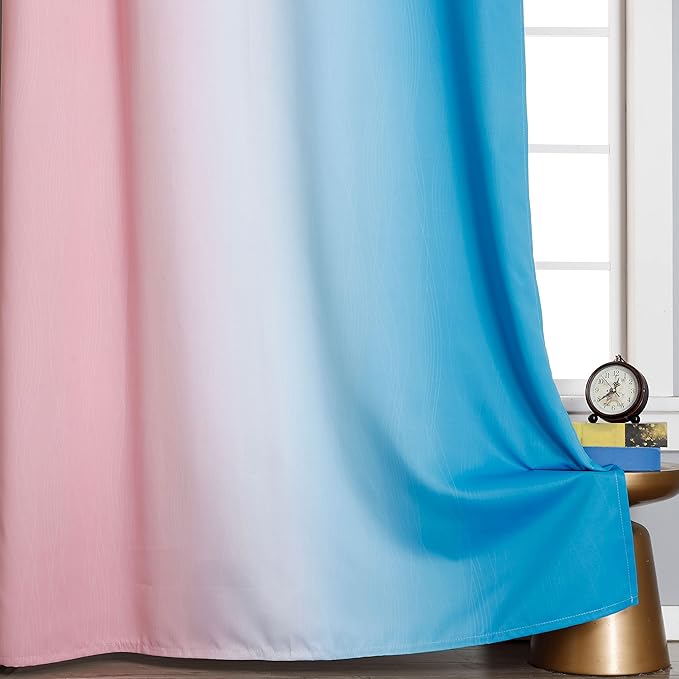 Ombre Pink and Blue Blackout Curtains 54 Inches Long, Full Light Blocking Curtains for Bedroom, Wavy Line Pattern Grommet Thermal Insulated Gradient Drapes for Living Room,52x54 Inch, 2 Panels