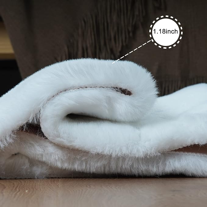 Ghouse Ultra Soft Faux Rabbit Fur Rug, Machine Washable Area Rugs for Bedroom Fluffy Rugs for Living Room, No-Shedding Carpet Sheepskin Rug White 2 x 6 Feet