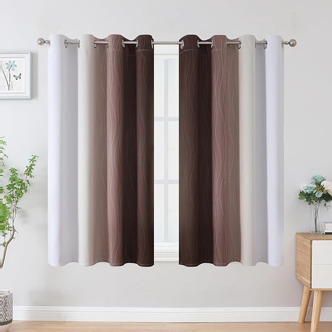 Estelar Textiler Brown and Greyish White Blackout Curtains 54 Inch Length, Full Light Blocking Gradient Grommet Drapes for Living Room, Thermal Insulated Ombre Curtains for Bathroom,52Wx54L,2 Panels