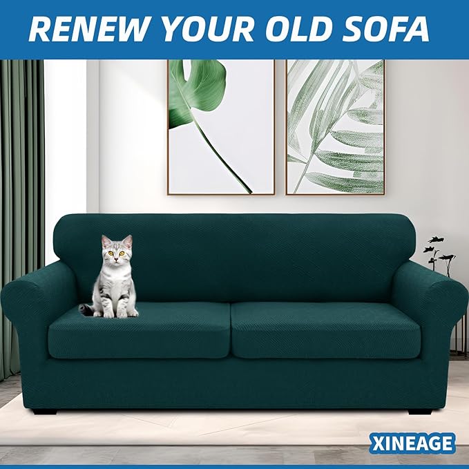 XINEAGE New 3 Pieces Couch Covers for 2 Extra Large Cushion Sofa Super Stretch Sofa Cover for 2 Large Seat Universal Loveseat Slip Cover for Living Room (Blackish Green), 71"-91"(2 Cushions)
