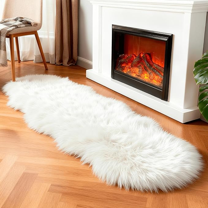 linmopm Faux Fur Rug Sheepskin Shag Fluffy Fuzzy White 2x6 ft Runner Rugs for Bedroom Bedside Bed Floor Living Room Plush High-Density Cushion Carpet Super Sofa Cover