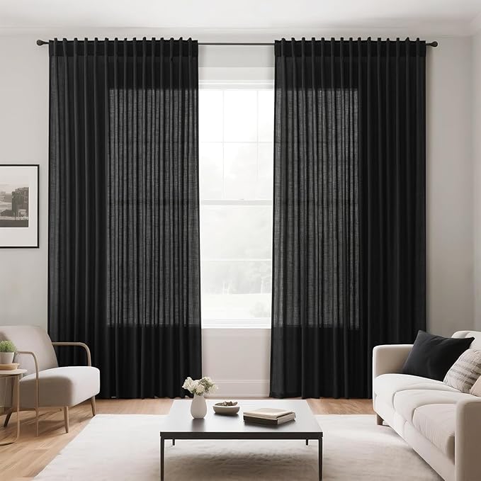 Nanspring Linen Curtains 84 Inch Length for Living Room Bedroom Black Simple Modern Semi Sheer Curtains Set Back Tab Rod Pocket Cotton Textured Privacy Drapes 60x84, 2 Panels