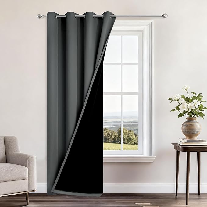 Yakamok 100% Blackout Curtains 96 Inches Long, 2 Thick Layers Heat and Full Light Blocking Soft Thermal Insulated Drapes for Bedroom(52" Wide Each Panel, Dark Grey, 1 Panel)