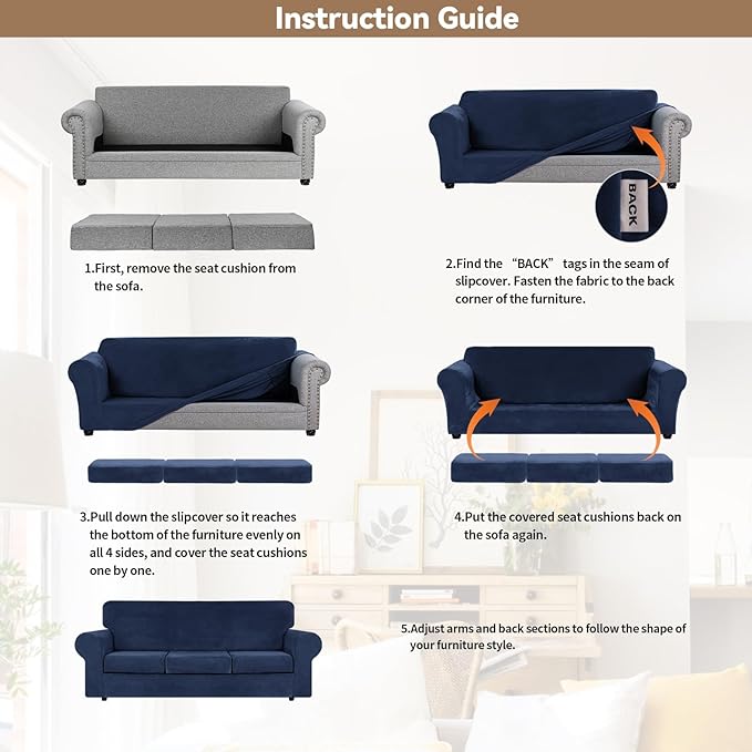 WEERRW 4 Pieces Velvet High Stretch Couch Covers for 3 Cushion Couch Sofa Slipcovers, Washable Furniture Protector with Non Slip Elastic Bottom, Feature Soft and Thick Plush Fabric, Navy Blue, Large