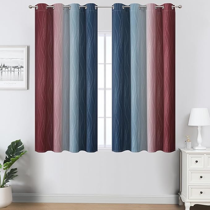 Estelar Textiler Navy Blue and Burgundy Red Ombre Blackout Curtains 54 Inch Length for Kitchen, Room Darkening Thermal Insulated Energy Efficient Grommet Drapes for Bedroom,52x54 Inch,2 Panels
