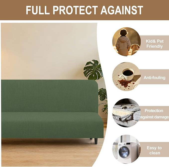 U-NICE HOME Stretch Futon Cover Armless Bed Slipcover - Soft Jacquard Fabric Washable for Pet Friendly, Loden Frost