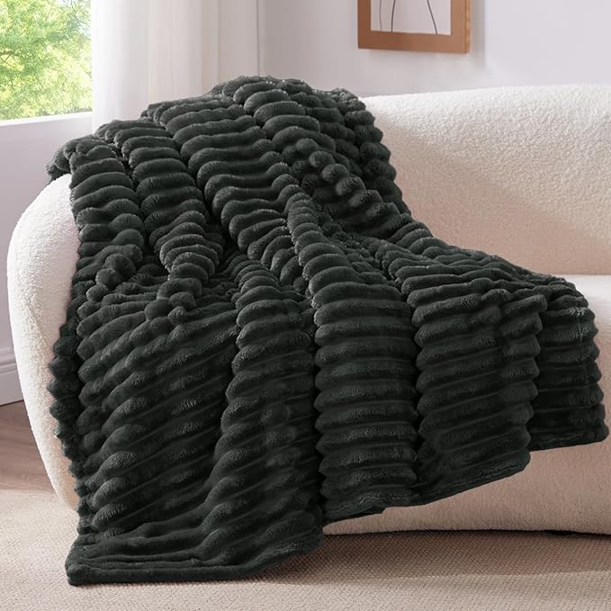 BEDELITE Fleece Throw Blanket for Couch - 300GSM Soft & Warm Fluffy Charcoal Grey Blanket, Decorative and Giftable Striped Blankets for Women, Men, 50"x60"